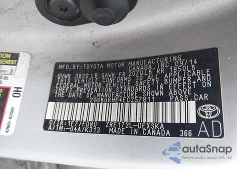 2015 Toyota Corolla S Plus из США, поврежденный, VIN 2T1BURHE4FC257811